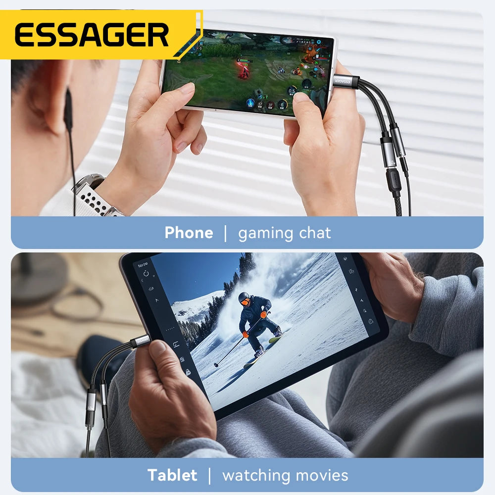 Adaptateur Essager 2-en-1 Type-C Audio et Chargeur – PD 60W Charge Rapide avec Prise Jack 3,5 mm et Contrôle Ligne