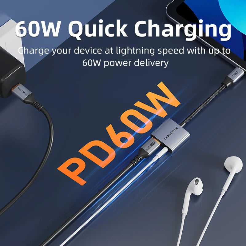 Adaptateur CABLETIME USB-C vers Jack 3,5 mm – Hub Audio 2-en-1 avec Charge Rapide PD 60