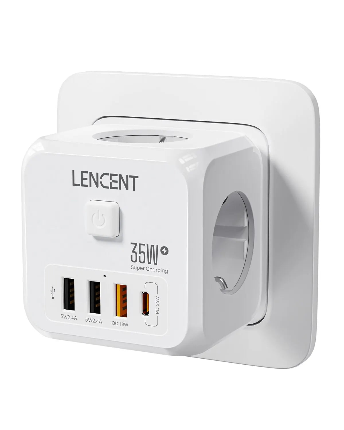 Multiprise Murale LENCENT 7-en-1 – 3 Prises AC, 3 Ports USB et 1 Port Type-C avec Interrupteur Marche/Arrêt