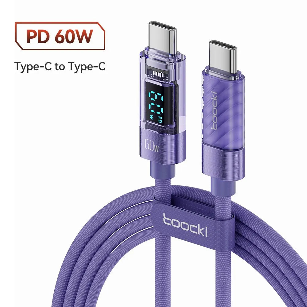 Câble Toocki USB Type-C à Type-C 100W PD – Charge Rapide et Transmission Vidéo en Transparent
