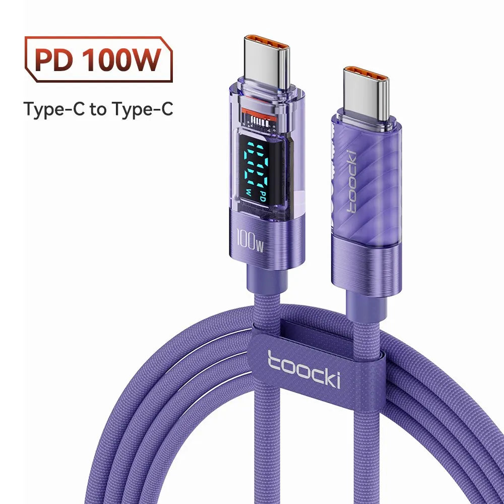 Câble Toocki USB Type-C à Type-C 100W PD – Charge Rapide et Transmission Vidéo en Transparent