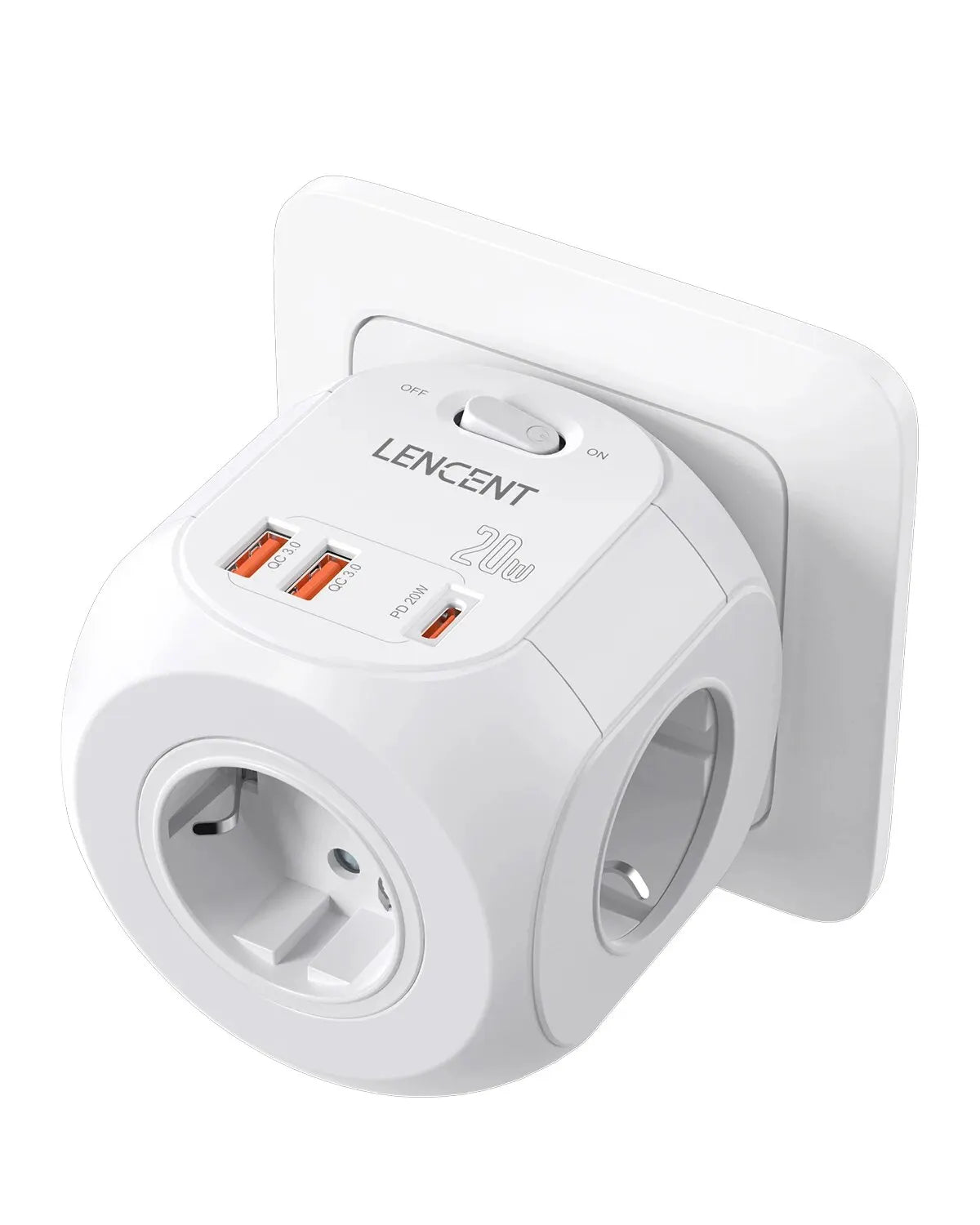 Multiprise Murale LENCENT 7-en-1 – 3 Prises AC, 3 Ports USB et 1 Port Type-C avec Interrupteur Marche/Arrêt