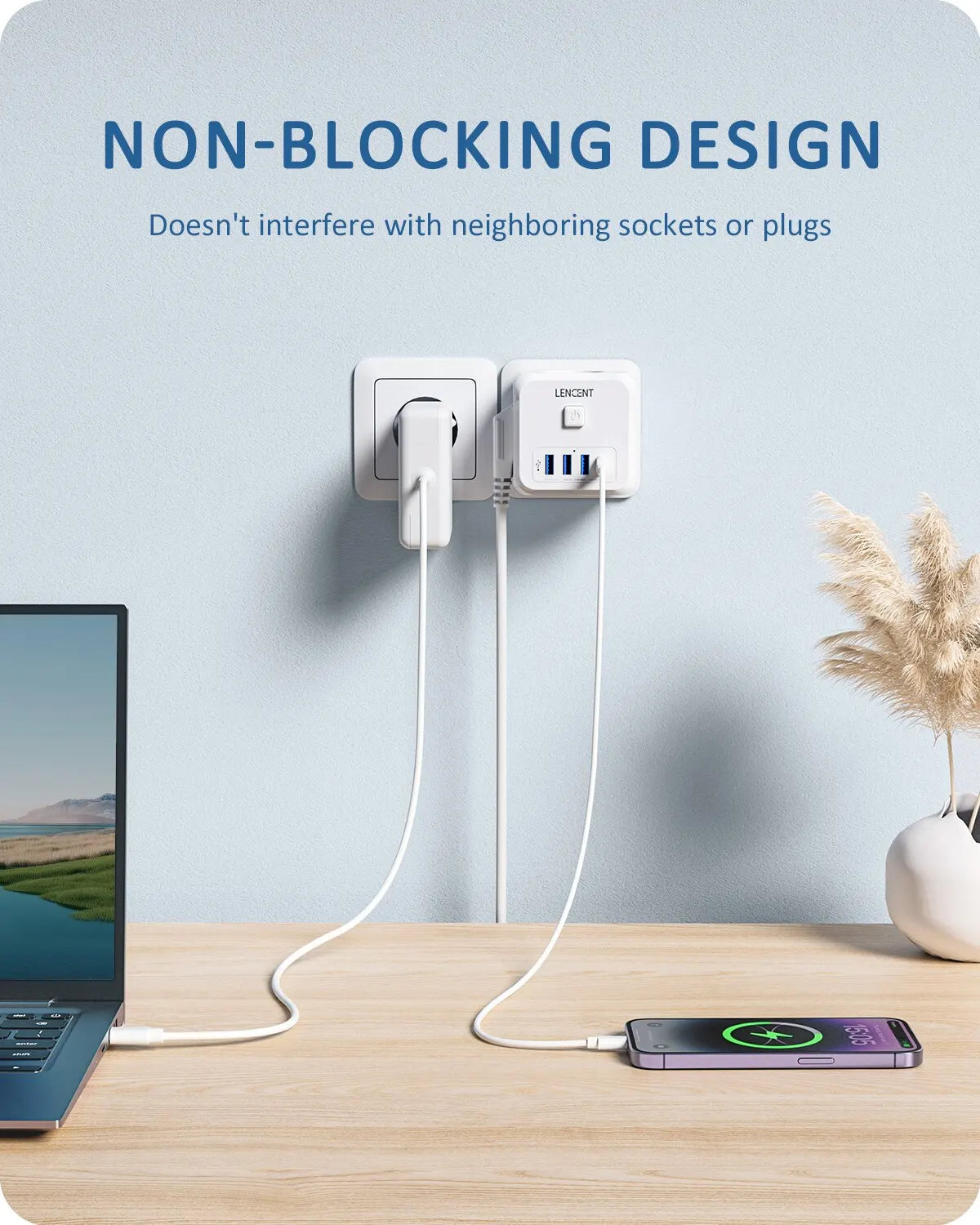 Multiprise Murale LENCENT 7-en-1 – 3 Prises AC, 3 Ports USB et 1 Port Type-C avec Interrupteur Marche/Arrêt