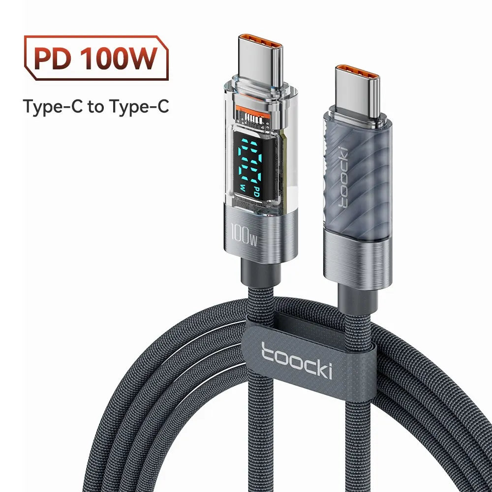 Câble Toocki USB Type-C à Type-C 100W PD – Charge Rapide et Transmission Vidéo en Transparent