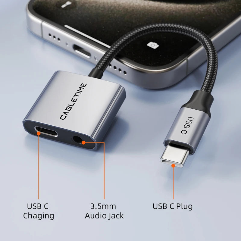 Adaptateur CABLETIME USB-C vers Jack 3,5 mm – Hub Audio 2-en-1 avec Charge Rapide PD 60