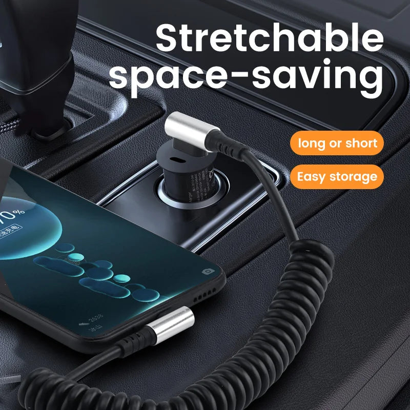 Câble USB Type-C 90° à Ressort – Charge Rapide 6A, Rétractable 0,35 à 1,6 m