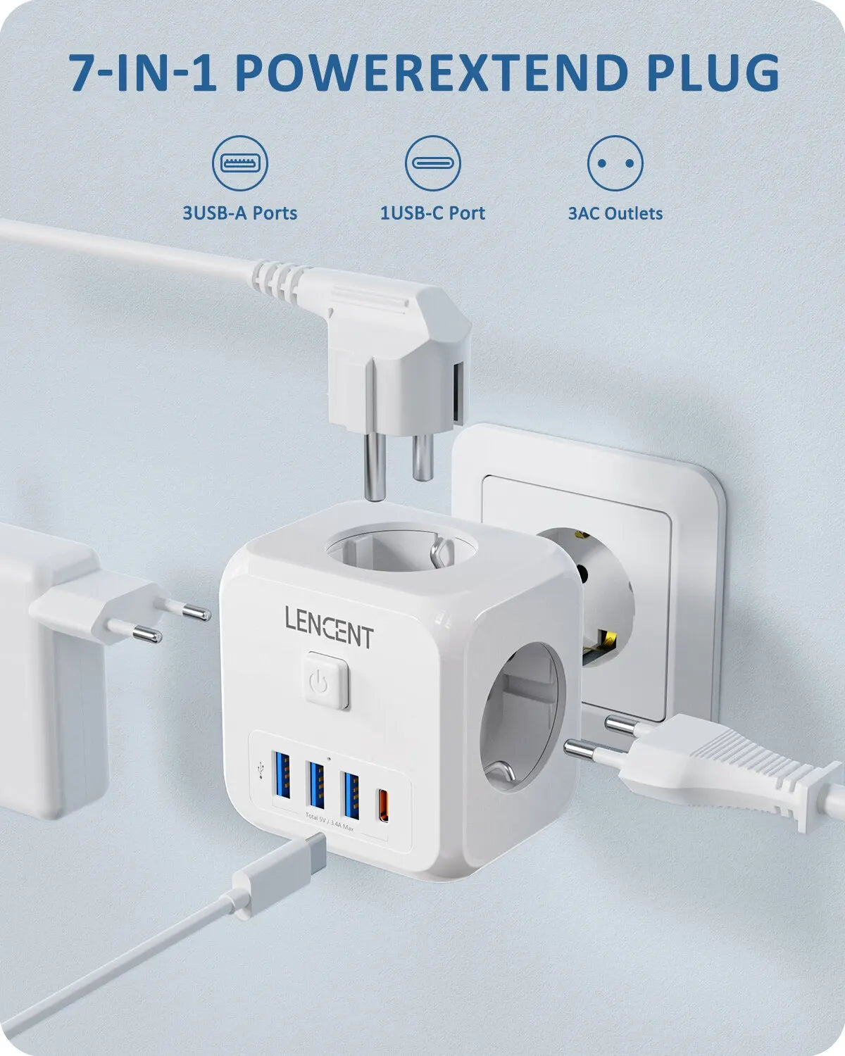 Multiprise Murale LENCENT 7-en-1 – 3 Prises AC, 3 Ports USB et 1 Port Type-C avec Interrupteur Marche/Arrêt