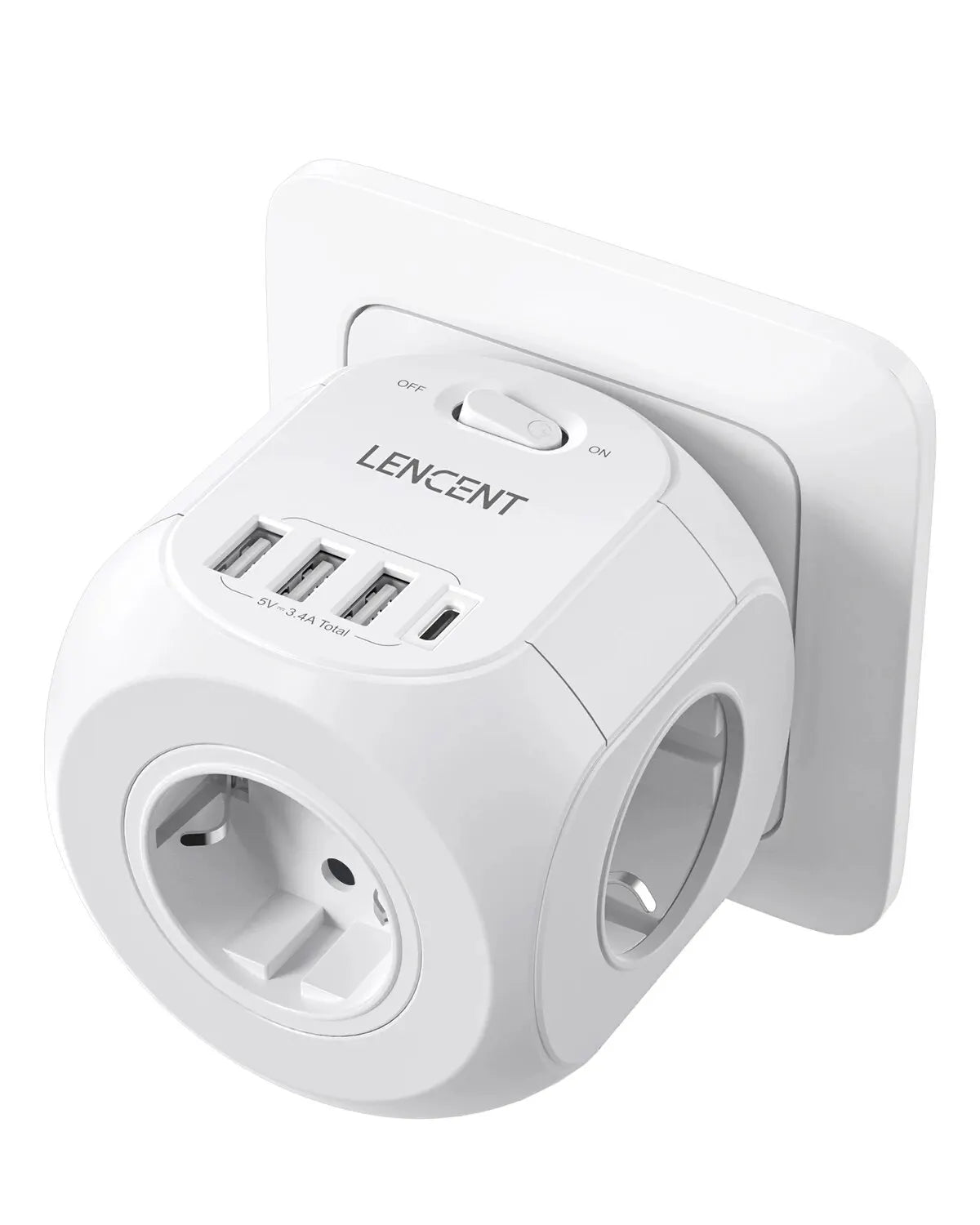 Multiprise Murale LENCENT 7-en-1 – 3 Prises AC, 3 Ports USB et 1 Port Type-C avec Interrupteur Marche/Arrêt