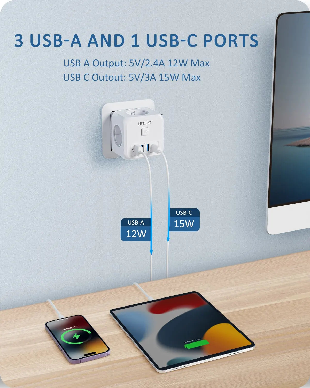 Multiprise Murale LENCENT 7-en-1 – 3 Prises AC, 3 Ports USB et 1 Port Type-C avec Interrupteur Marche/Arrêt