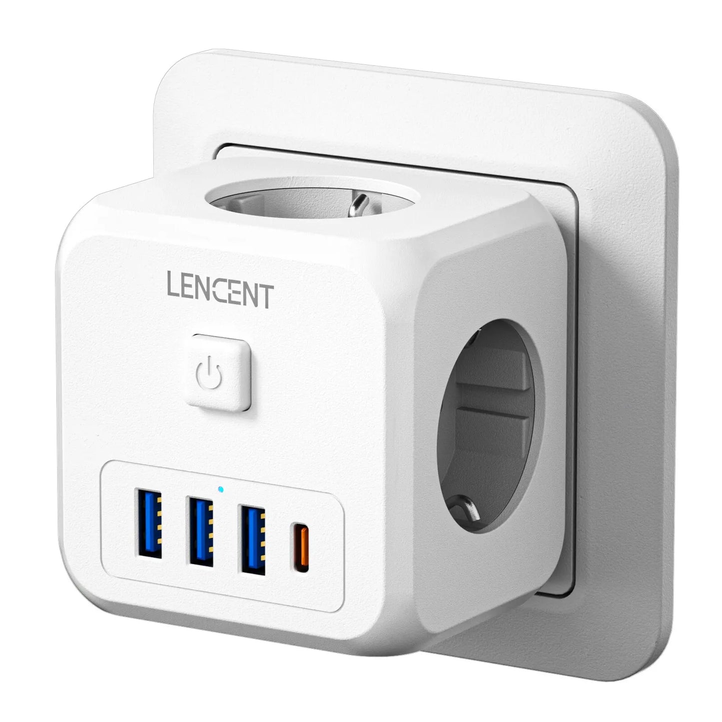 Multiprise Murale LENCENT 7-en-1 – 3 Prises AC, 3 Ports USB et 1 Port Type-C avec Interrupteur Marche/Arrêt