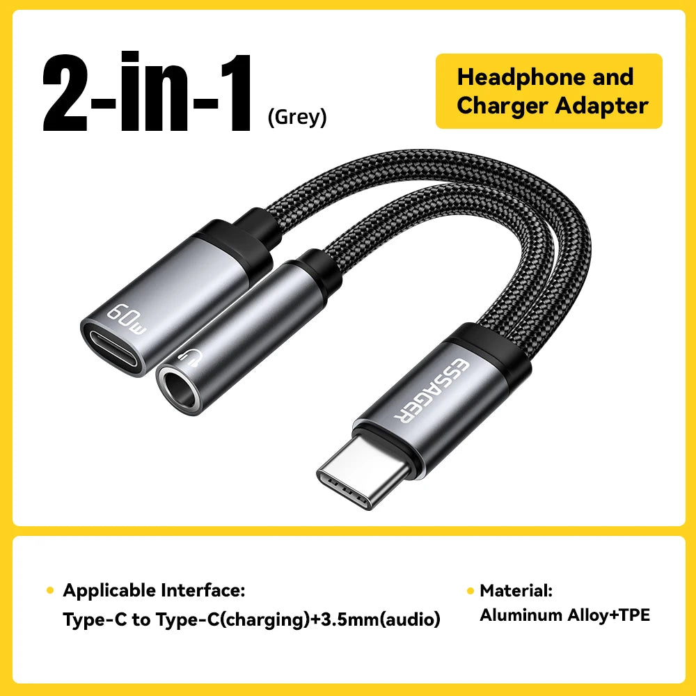 Adaptateur Essager 2-en-1 Type-C Audio et Chargeur – PD 60W Charge Rapide avec Prise Jack 3,5 mm et Contrôle Ligne