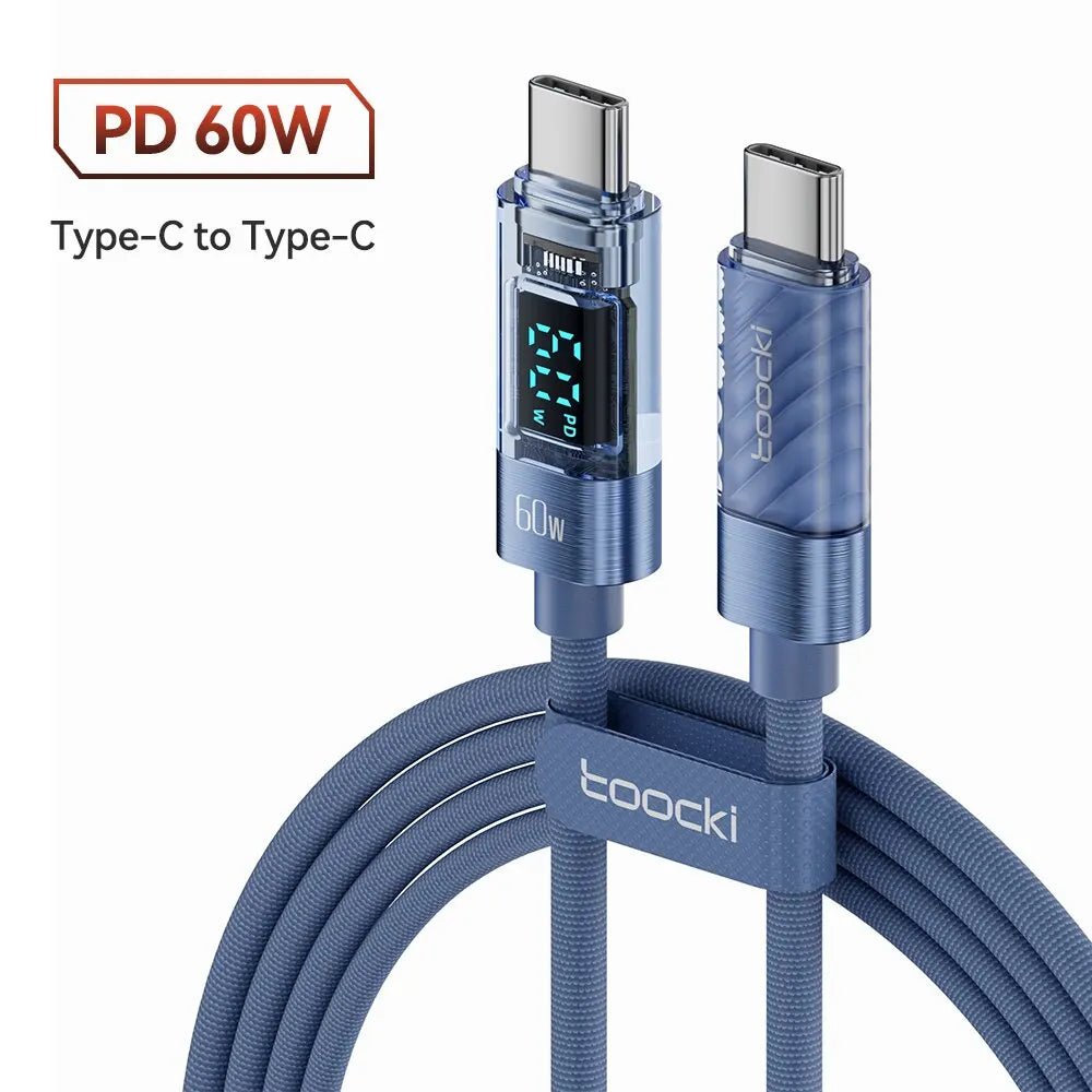 Câble Toocki USB Type-C à Type-C 100W PD – Charge Rapide et Transmission Vidéo en Transparent