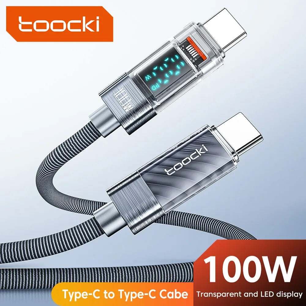 Câble Toocki USB Type-C à Type-C 100W PD – Charge Rapide et Transmission Vidéo en Transparent