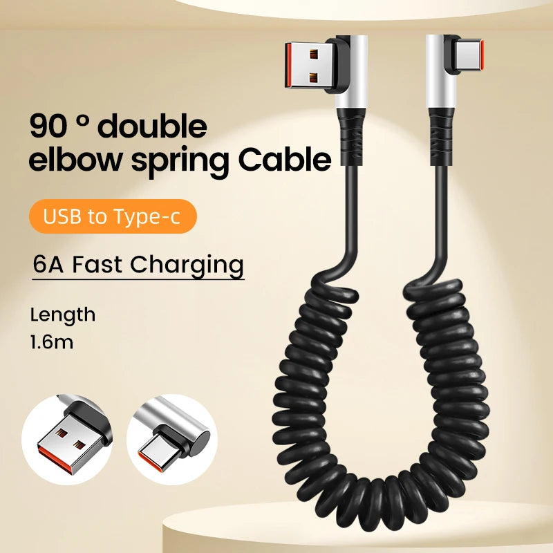 Câble USB Type-C 90° à Ressort – Charge Rapide 6A, Rétractable 0,35 à 1,6 m