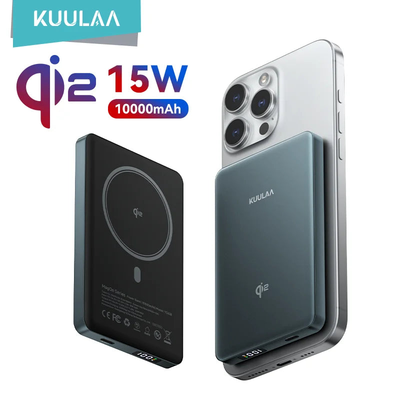 KUULAA Qi2 Power Bank Magnétique 10000mAh – Chargeur Portable à Charge Sans Fil 15W Compatible MagSafe pour iPhone 16 Pro Max