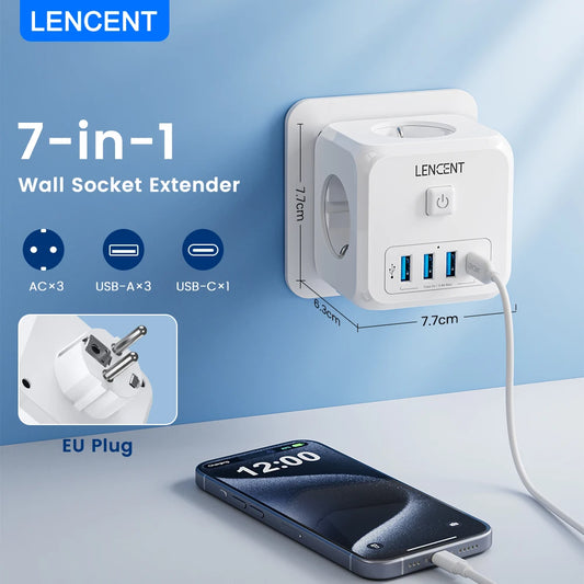 Multiprise Murale LENCENT 7-en-1 – 3 Prises AC, 3 Ports USB et 1 Port Type-C avec Interrupteur Marche/Arrêt