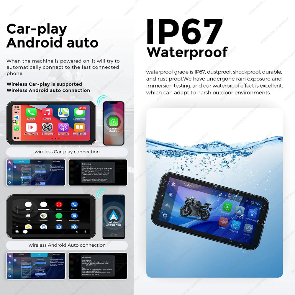 GPS Moto Étanche 6.25" avec CarPlay & Android Auto Sans Fil – Navigation, Dashcam DVR, WiFi Intégré