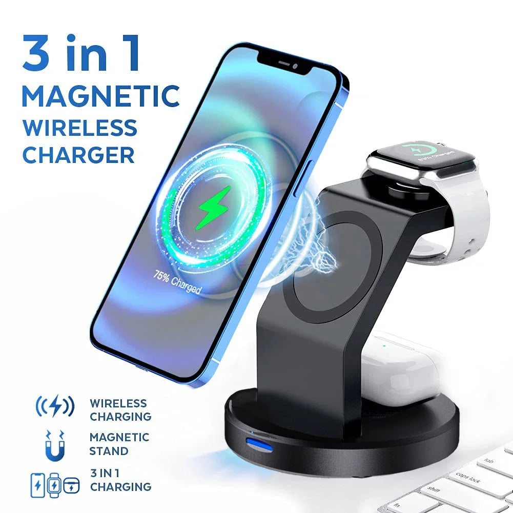 Station de Charge Sans Fil Magnétique 3-en-1 – Support Chargeur Rapide MagSafe pour iPhone 15/14/13/12 Pro Max, iWatch et AirPods