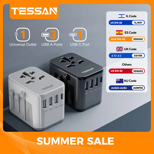 Adaptateur de Voyage Universel TESSAN – Multiprises EU/UK/USA/AUS avec Ports USB et Type-C