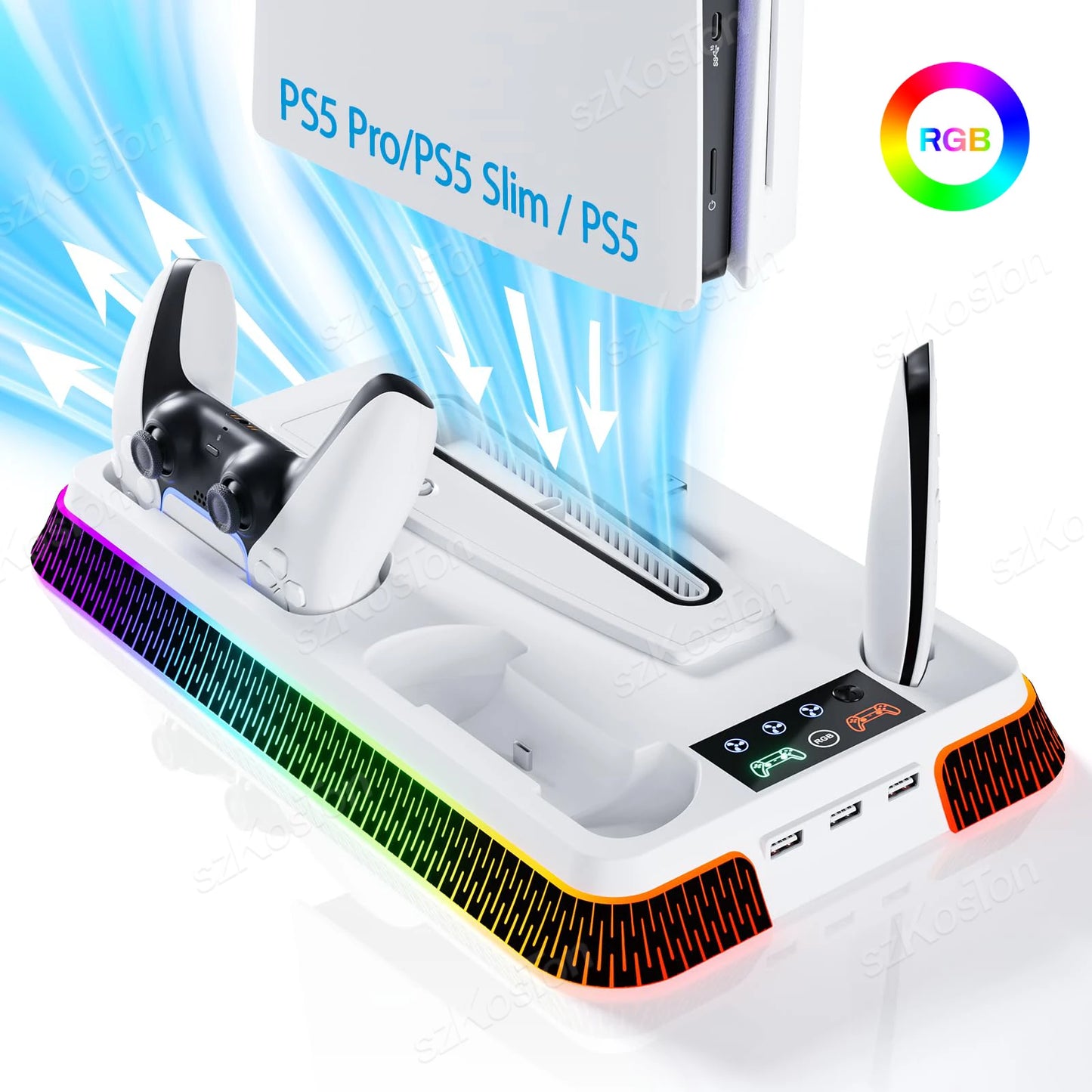 Station de Refroidissement et Support Vertical Multifonction pour PS5 Pro; Slim – Ventilateur de Refroidissement et Chargeur de Manettes Intégré