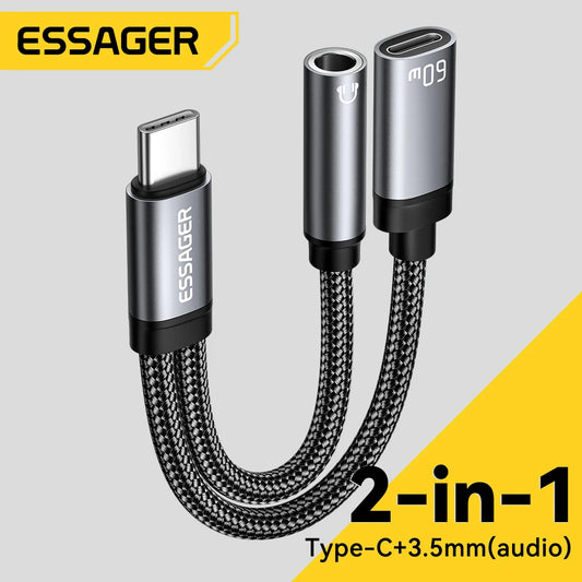 Adaptateur Essager 2-en-1 Type-C Audio et Chargeur – PD 60W Charge Rapide avec Prise Jack 3,5 mm et Contrôle Ligne
