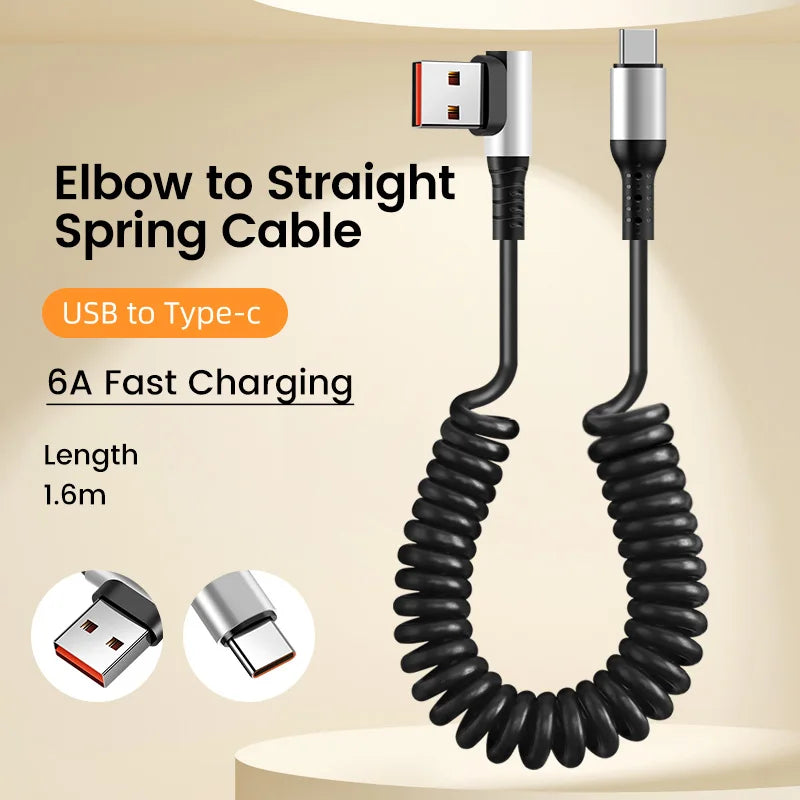 Câble USB Type-C 90° à Ressort – Charge Rapide 6A, Rétractable 0,35 à 1,6 m