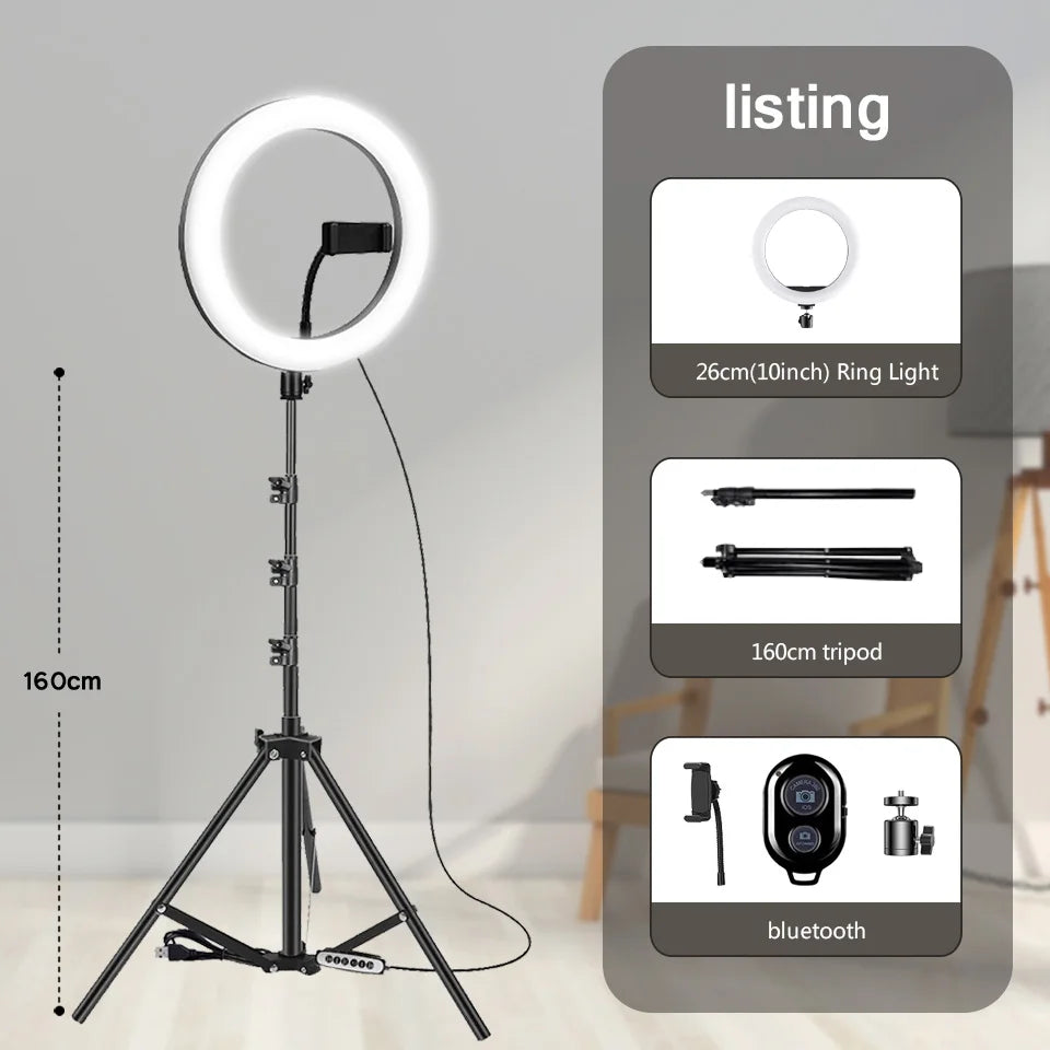 Anneau LED 10" (26 cm) avec Trépied – Lumière Selfie et Studio Dimmable