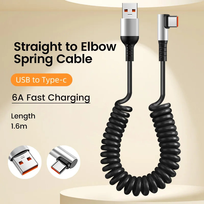 Câble USB Type-C 90° à Ressort – Charge Rapide 6A, Rétractable 0,35 à 1,6 m