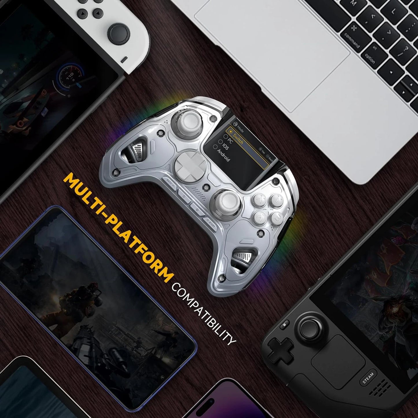 Manette de Jeu Interactive Sans Fil – Joystick à Effet Hall, Lumières RGB, Batterie 1800mAh avec Station de Charge pour Switch, PC, iOS et Android
