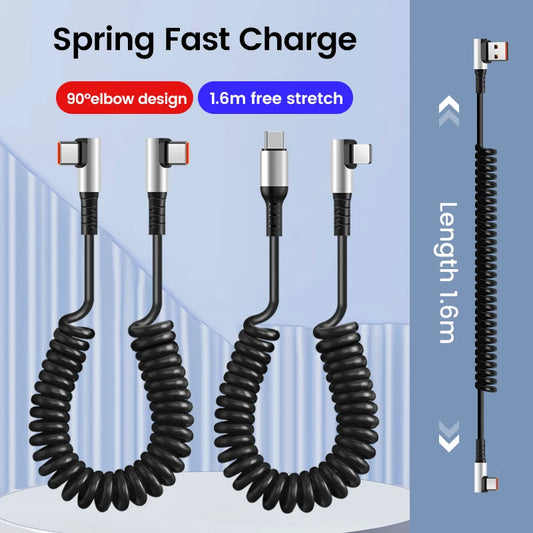 Câble USB Type-C 90° à Ressort – Charge Rapide 6A, Rétractable 0,35 à 1,6 m