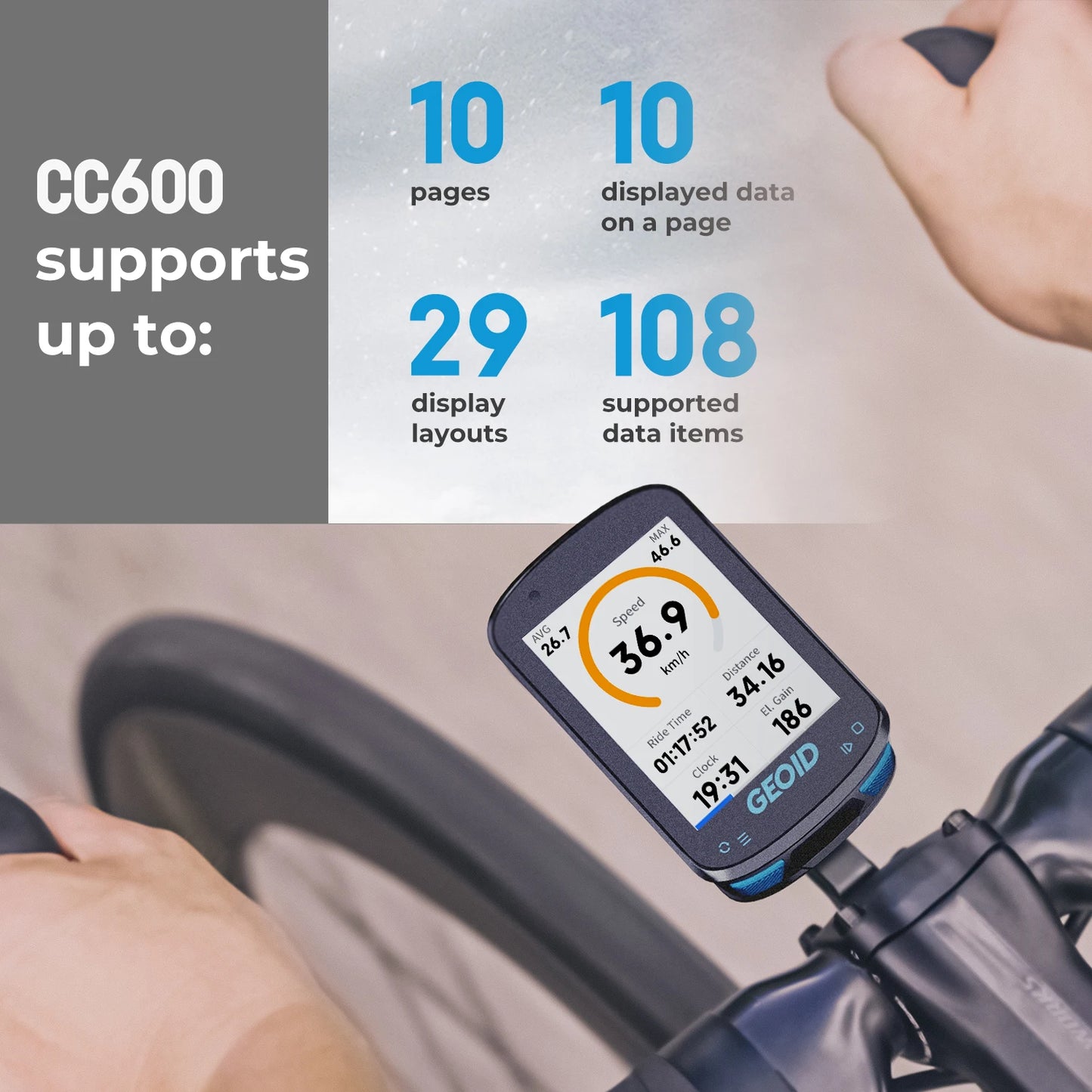 GEOID CC600 GPS Intelligent à Écran Couleur – Navigation Smart, Sans Fil, Multilingue, Connectivité WiFi & ANT+, Odomètre Haute Performance