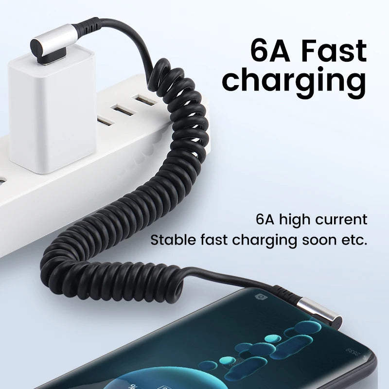 Câble USB Type-C 90° à Ressort – Charge Rapide 6A, Rétractable 0,35 à 1,6 m