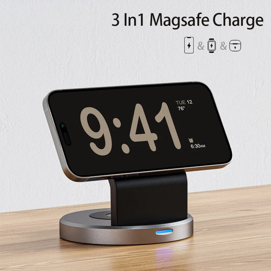 Station de Charge Sans Fil Magnétique 3-en-1 – Support Chargeur Rapide MagSafe pour iPhone 15/14/13/12 Pro Max, iWatch et AirPods