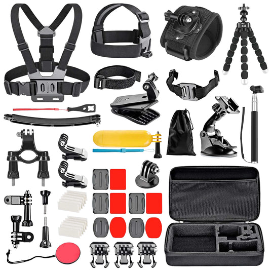Kit Aventure Pro 50-en-1 – Supports Vélo/Casque/Poitrine 360° & Étui Étanche pour GoPro 13/12/11, DJI Action 5/4, Insta360 Ace
