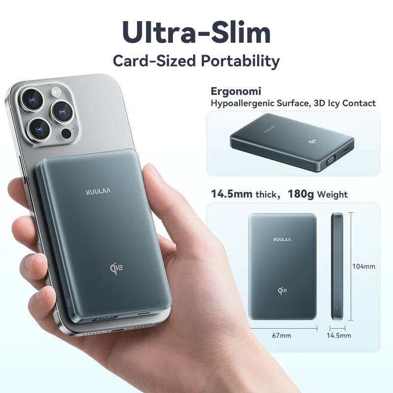 KUULAA Qi2 Power Bank Magnétique 10000mAh – Chargeur Portable à Charge Sans Fil 15W Compatible MagSafe pour iPhone 16 Pro Max