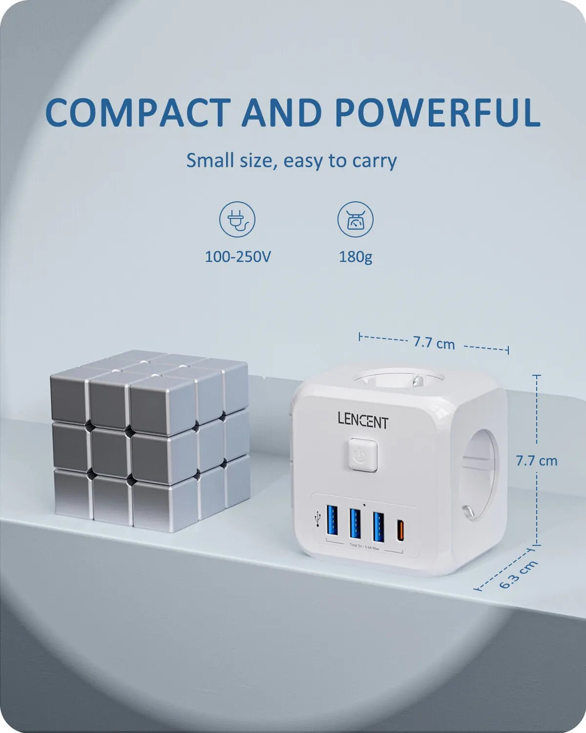 Multiprise Murale LENCENT 7-en-1 – 3 Prises AC, 3 Ports USB et 1 Port Type-C avec Interrupteur Marche/Arrêt