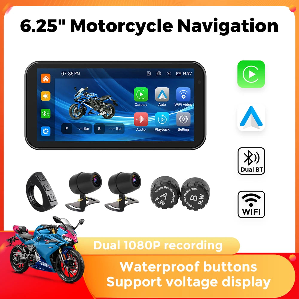 GPS Moto Étanche 6.25" avec CarPlay & Android Auto Sans Fil – Navigation, Dashcam DVR, WiFi Intégré