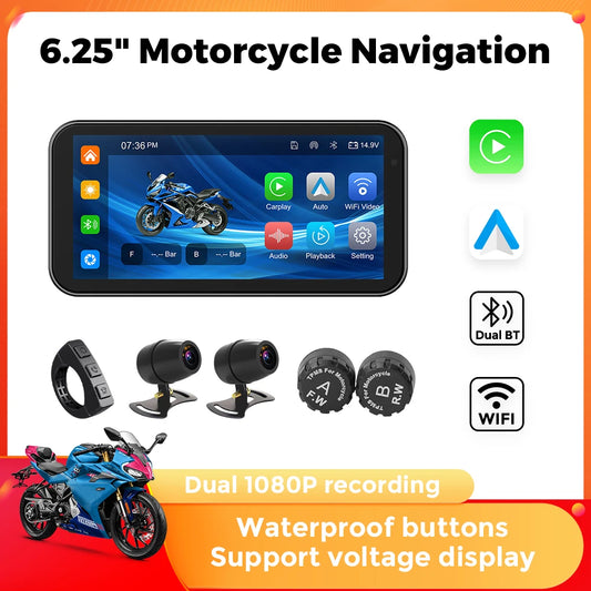 GPS Moto Étanche 6.25" avec CarPlay & Android Auto Sans Fil – Navigation, Dashcam DVR, WiFi Intégré
