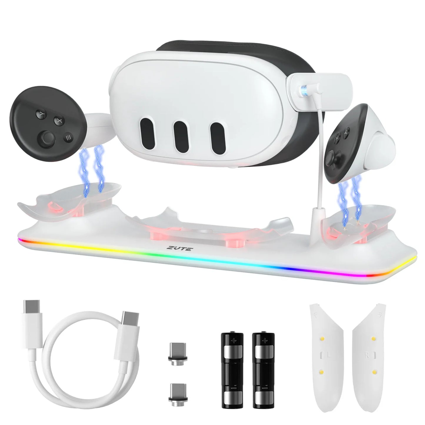 Station de Charge Magnétique pour Meta Quest 3 – Chargeur pour Casque VR et Manettes avec 2 Batteries Rechargeables