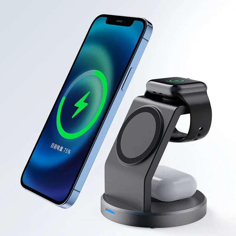 Station de Charge Sans Fil Magnétique 3-en-1 – Support Chargeur Rapide MagSafe pour iPhone 15/14/13/12 Pro Max, iWatch et AirPods