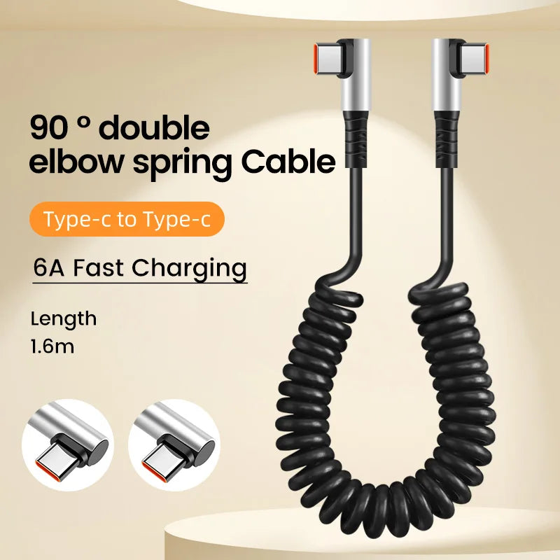 Câble USB Type-C 90° à Ressort – Charge Rapide 6A, Rétractable 0,35 à 1,6 m