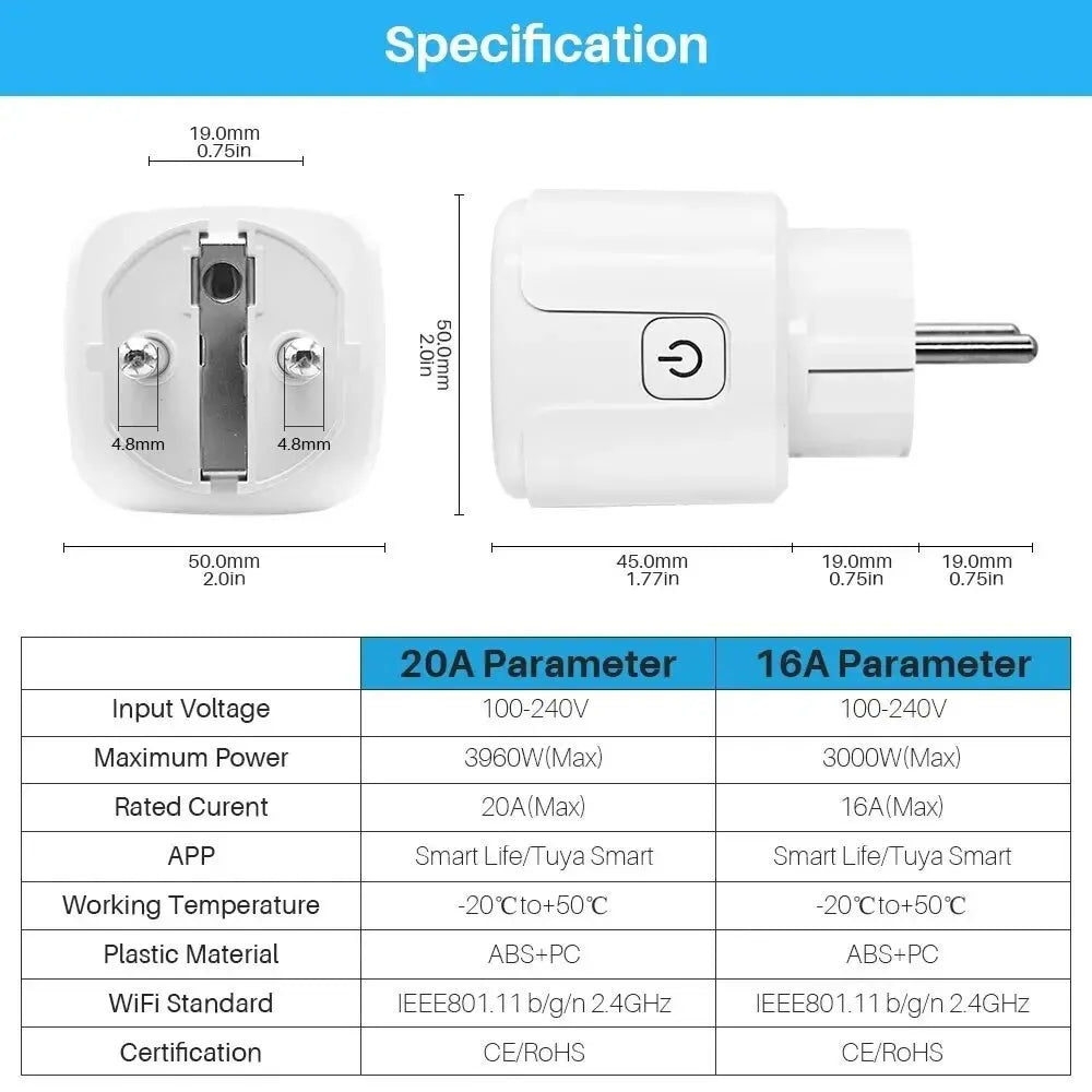 Prise Intelligente Tuya 16A/20A EU – Smart Plug WiFi avec Surveillance de Consommation, Programmation et Contrôle Vocal