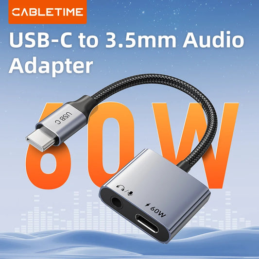 Adaptateur CABLETIME USB-C vers Jack 3,5 mm – Hub Audio 2-en-1 avec Charge Rapide PD 60